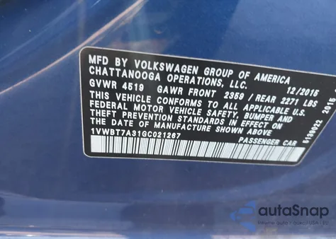 2016 Volkswagen Passat 1.8T Se из США, поврежденный, VIN 1VWBT7A31GC021267